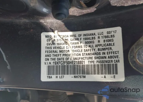 2017 Honda Civic Lx from USA, damaged, VIN 19XFC2F50HE218801